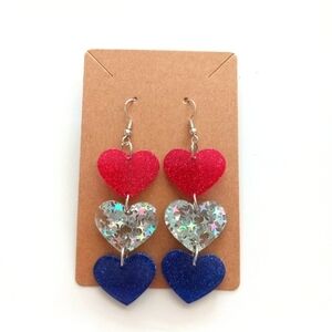 Heart-Shaped Red, Silver, and Blue Earrings